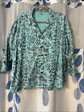 Tianello Turquoise and Black Floral Button-Front Shirt